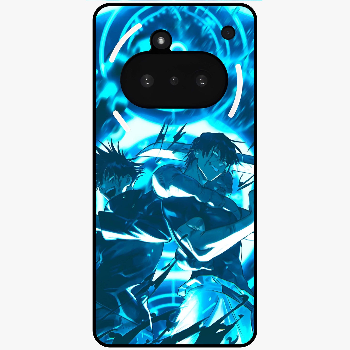 Cursed Energy Clash Glass Case showing flat back view with intense cursed energy artwork and glossy glass finish.