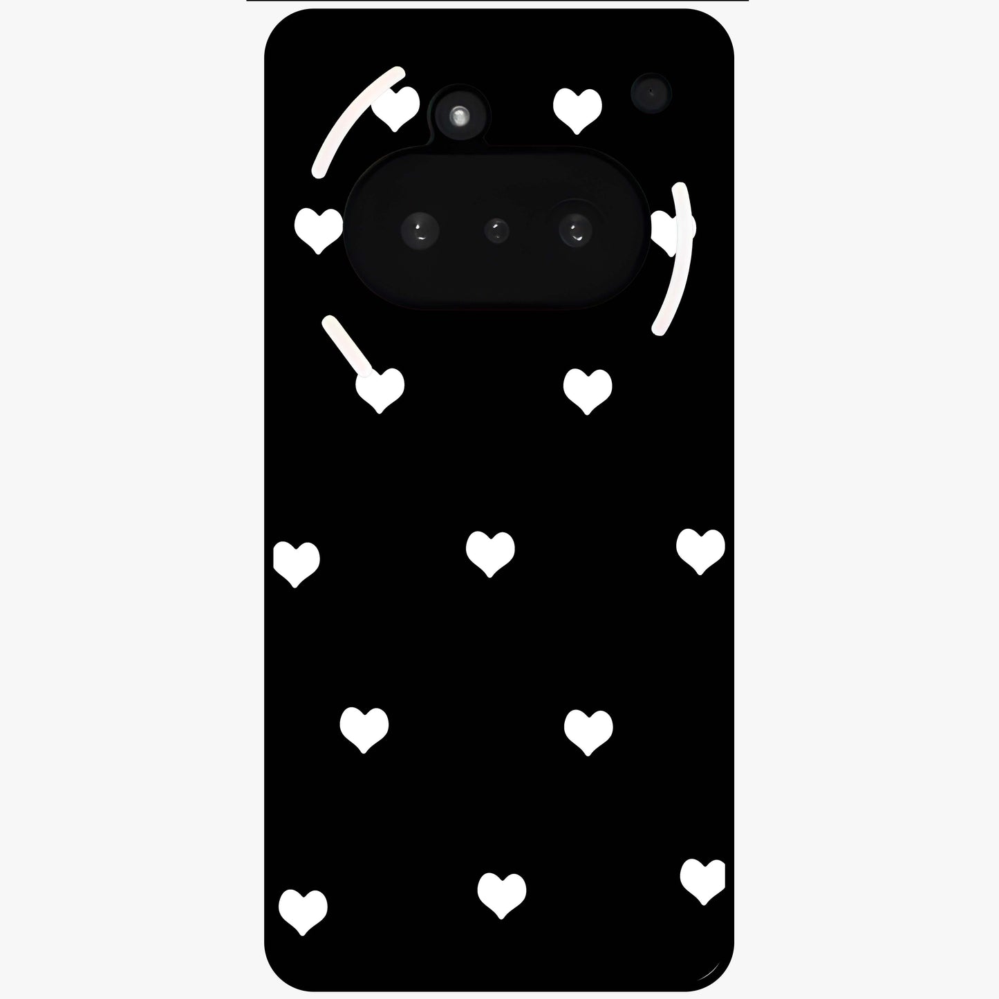 Cute And Simple White Hearts Glass Case showing flat back view with minimal white heart pattern and glossy glass finish.