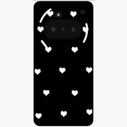 Cute And Simple White Hearts Glass Case showing flat back view with minimal white heart pattern and glossy glass finish.