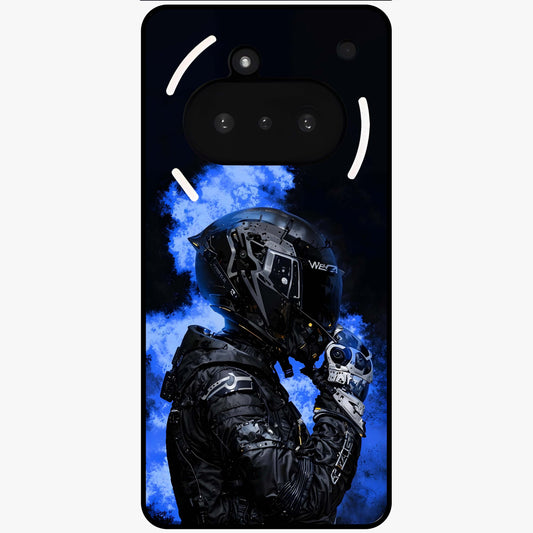 Cyber Sentinel Protocol Glass Case showing flat back view with futuristic cyber themed artwork and glossy glass finish.