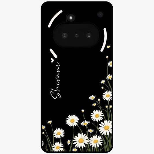 Daisy Cascade Custom Name Glass Case showing flat back view with cascading daisy flowers and personalized name design.
