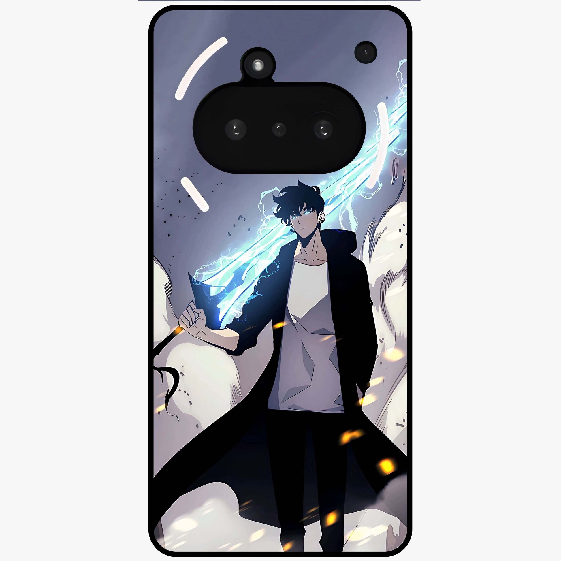 Dark Lightning Anime Warrior Glass Case showing flat back view with intense anime warrior artwork and glossy glass finish.