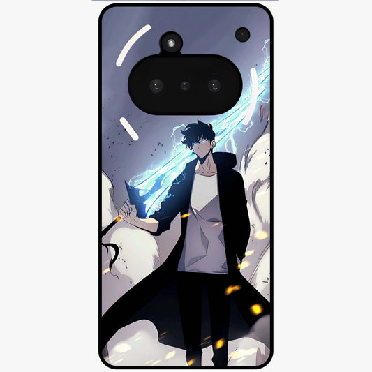 Dark Lightning Anime Warrior Glass Case showing flat back view with intense anime warrior artwork and glossy glass finish.