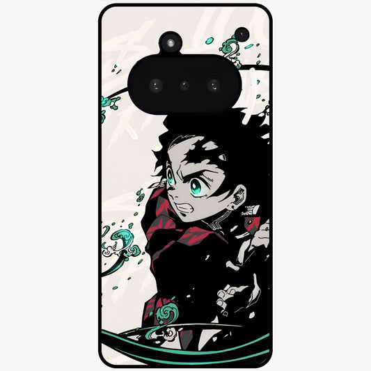 Demon Slayer Glass Case showing flat back view with bold anime inspired artwork and glossy glass finish.