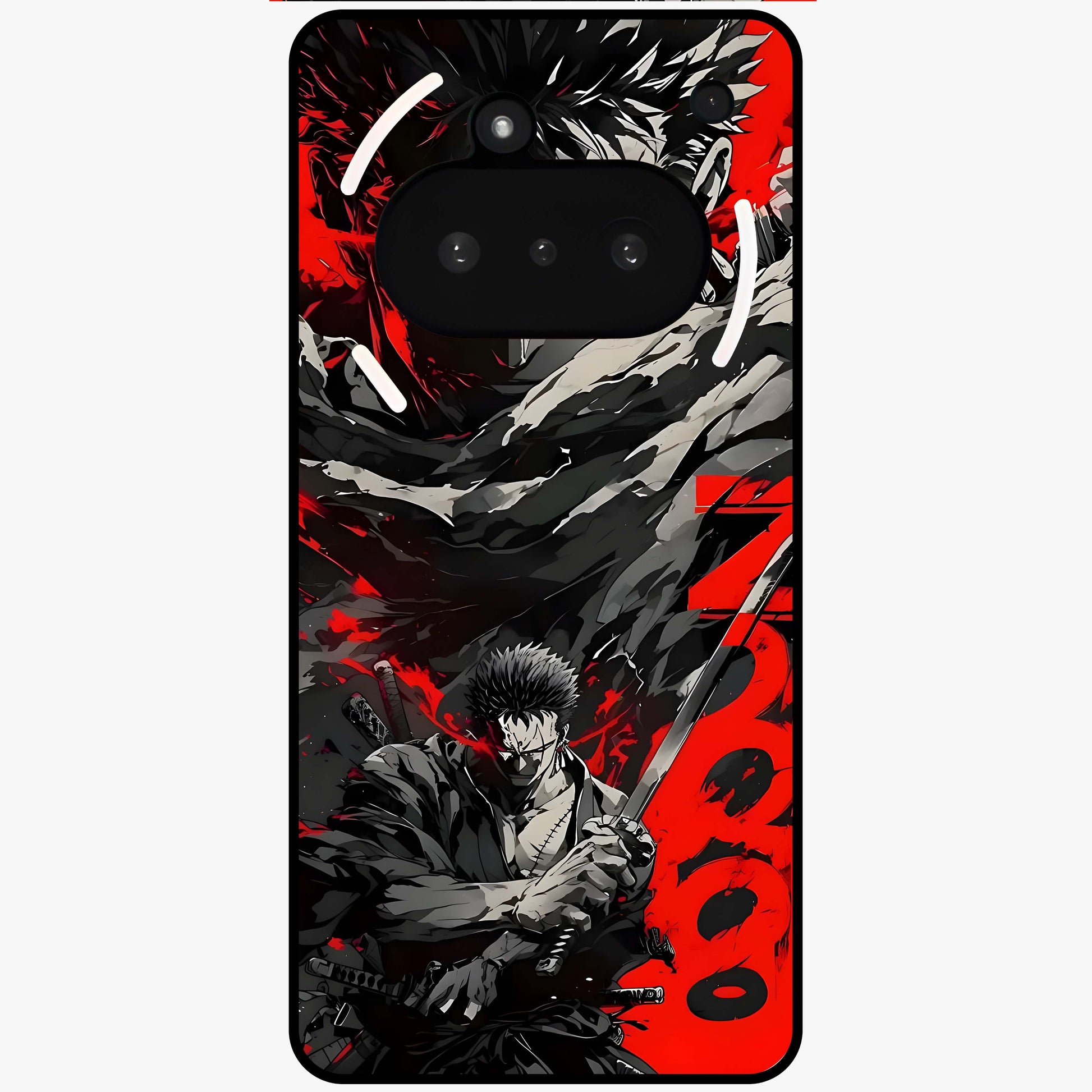 Demon Sword Resolve Glass Case showing flat back view with fierce sword warrior artwork and glossy glass finish.