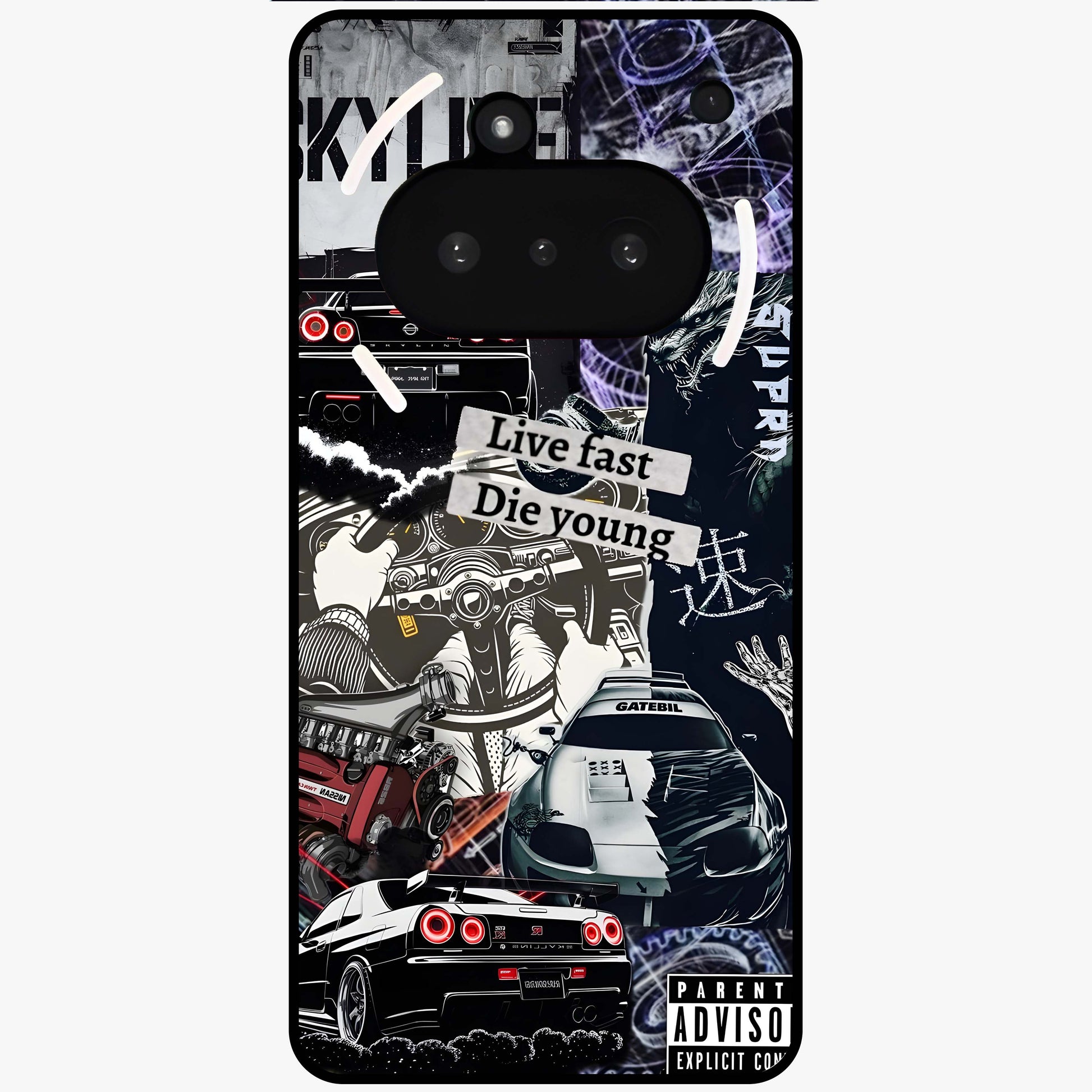 Die Young Glass Case showing flat back view with bold artistic typography design and glossy glass finish.