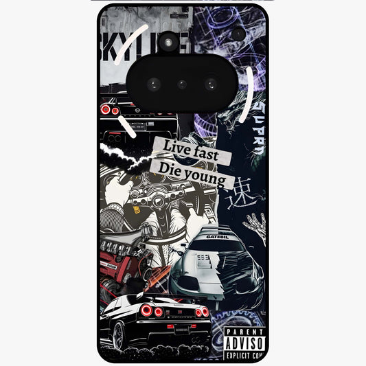 Die Young Glass Case showing flat back view with bold artistic typography design and glossy glass finish.