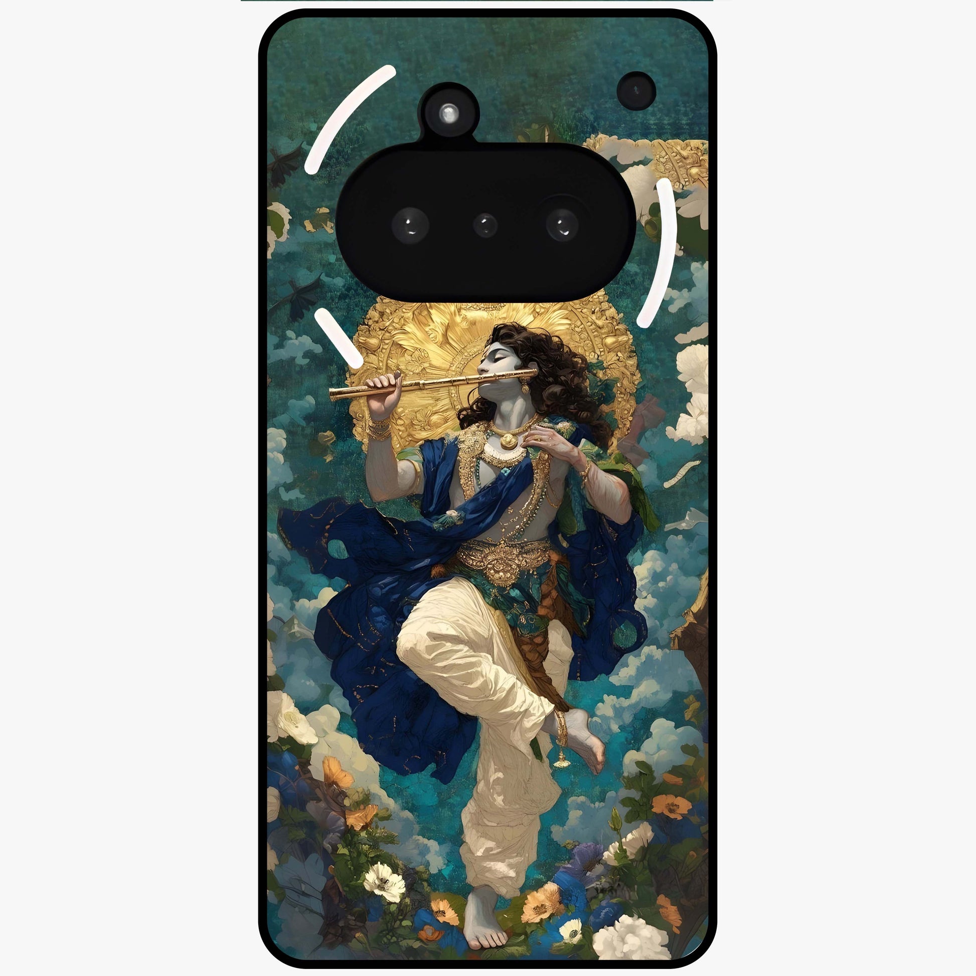 Divine Krishna Art Glass Case showing flat back view with Lord Krishna artwork and glossy glass finish.