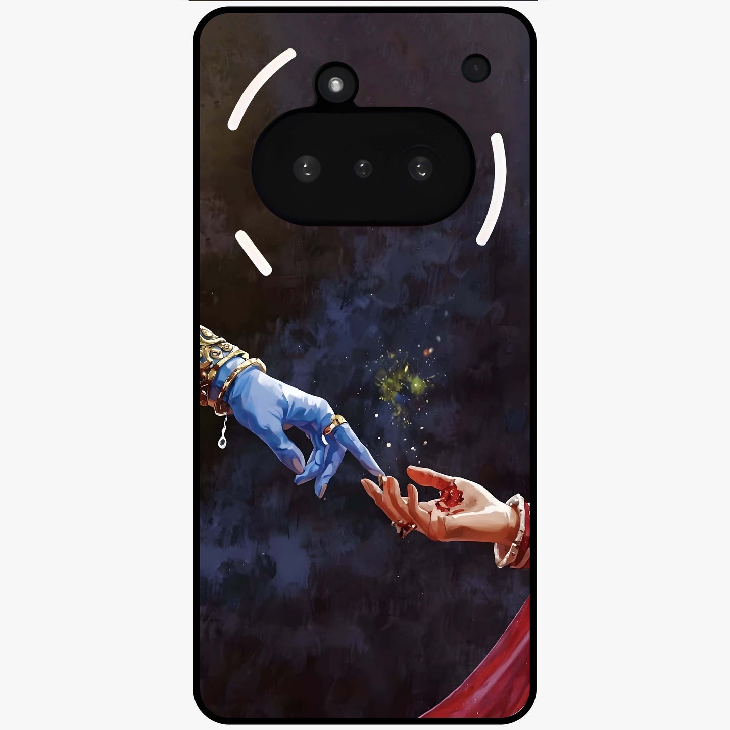 Divine Touch Eternal Glass Case showing flat back view with spiritual themed artwork and glossy glass finish.