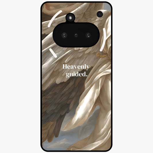 Divine Winged Grace Glass Case showing flat back view with elegant wing inspired artwork and glossy glass finish.