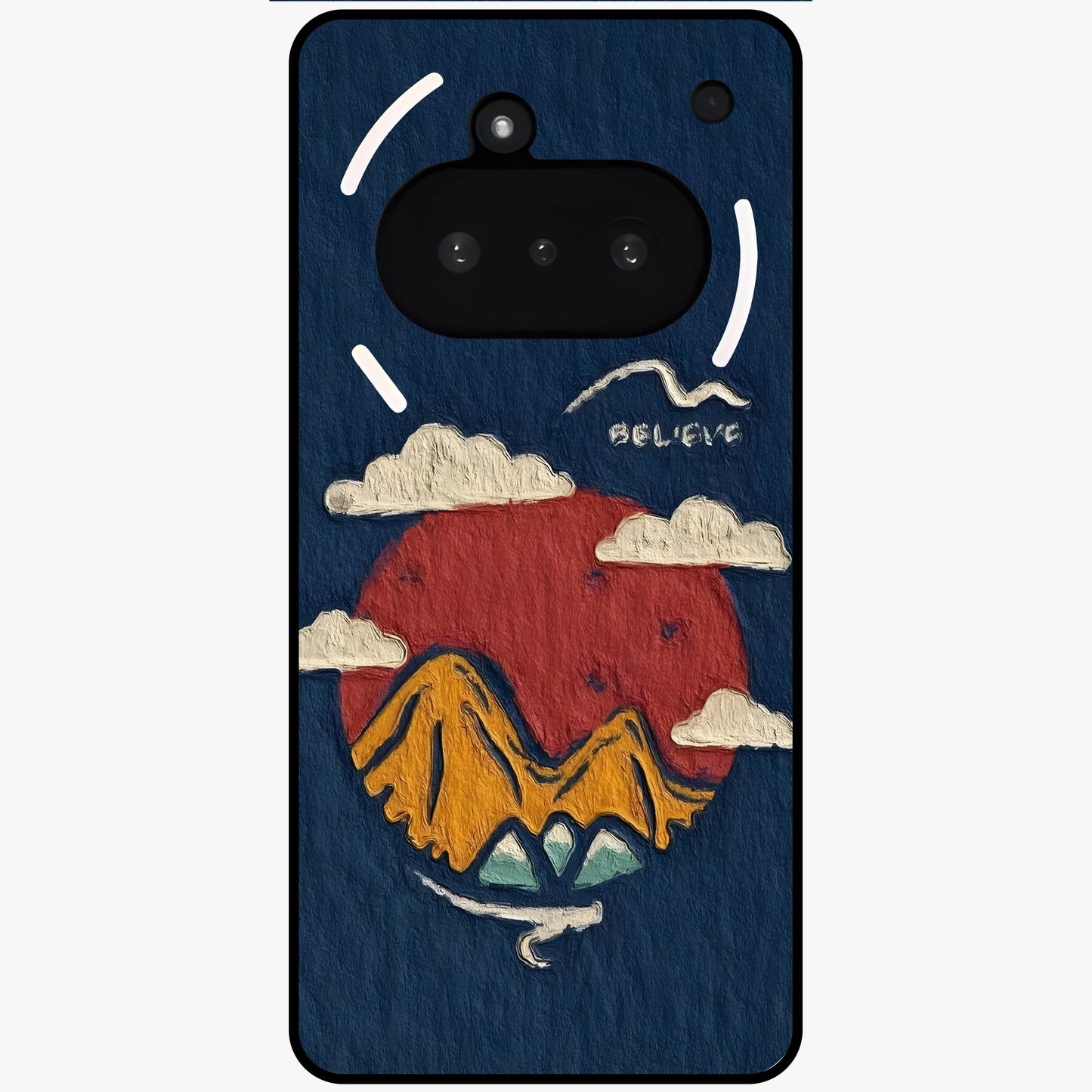 Dream Beyond Mountains Glass Case showing flat back view with scenic mountain landscape artwork and glossy glass finish.