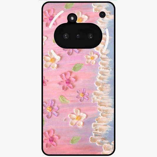 Dreamy Painted Garden Glass Case showing flat back view with artistic painted floral garden artwork and glossy glass finish.