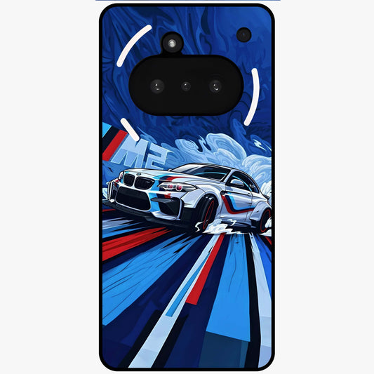 Drift Power Rush Glass Case showing flat back view with dynamic racing inspired artwork and glossy glass finish.