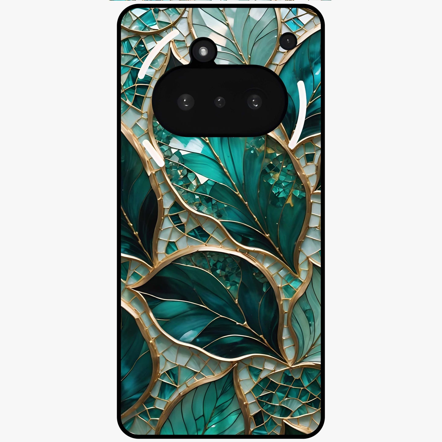Emerald Leaf Glass Glass Case showing flat back view with emerald green leaf artwork and glossy glass finish.