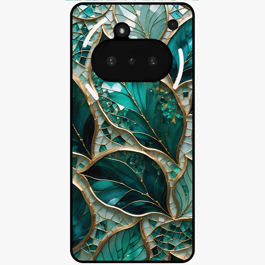 Emerald Leaf Glass Glass Case showing flat back view with emerald green leaf artwork and glossy glass finish.