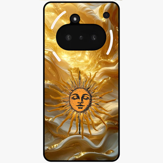 Eternal Golden Glow Glass Case showing flat back view with radiant golden themed artwork and glossy glass finish.