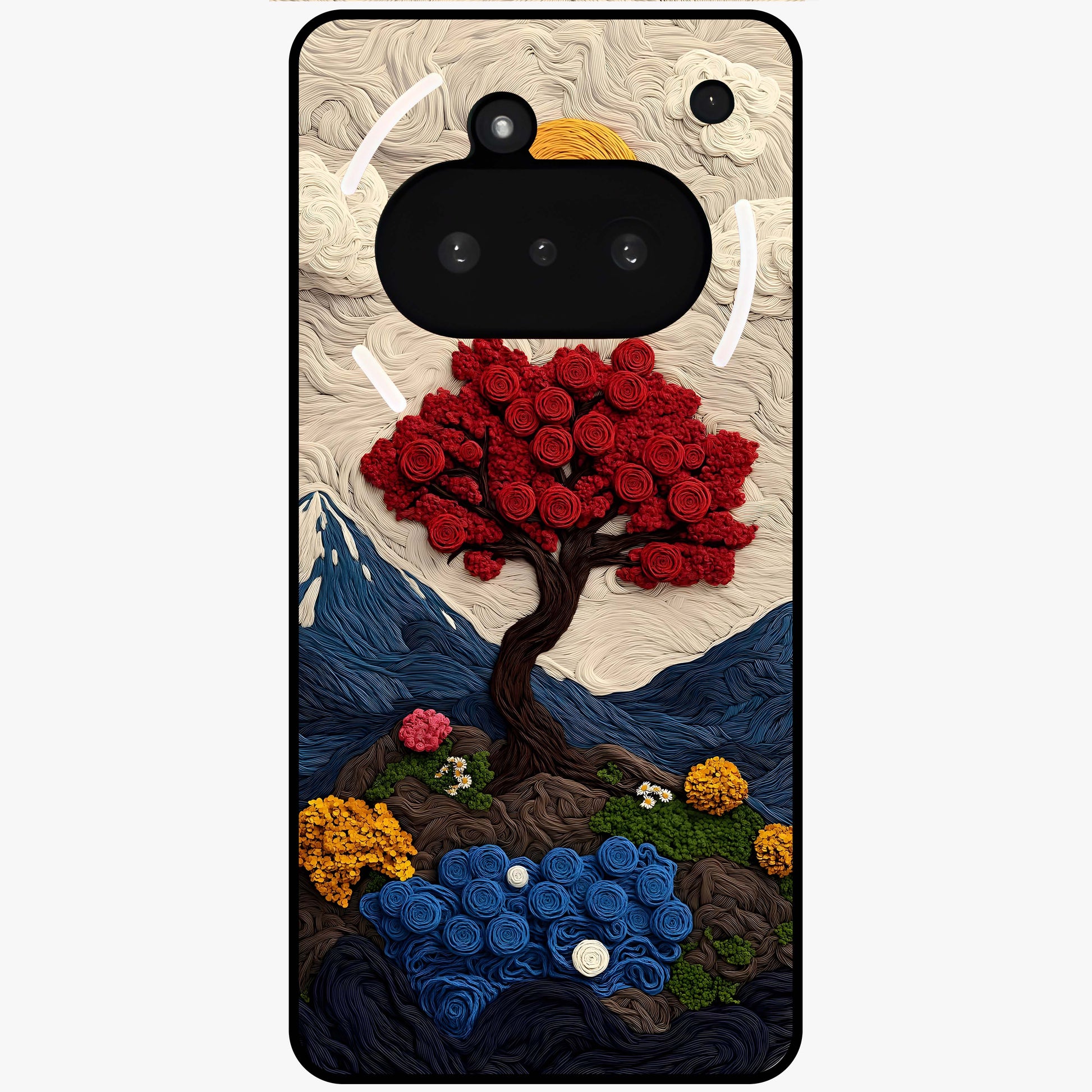 Eternal Nature Tapestry Glass Case showing flat back view with intricate nature tapestry artwork and glossy glass finish.