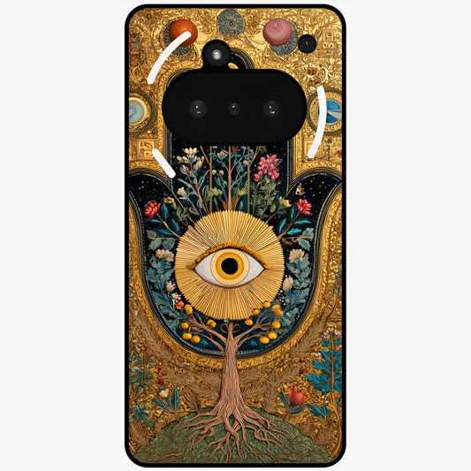 Ethereal Evil Eye Glass Case showing flat back view with mystical evil eye artwork and glossy glass finish.