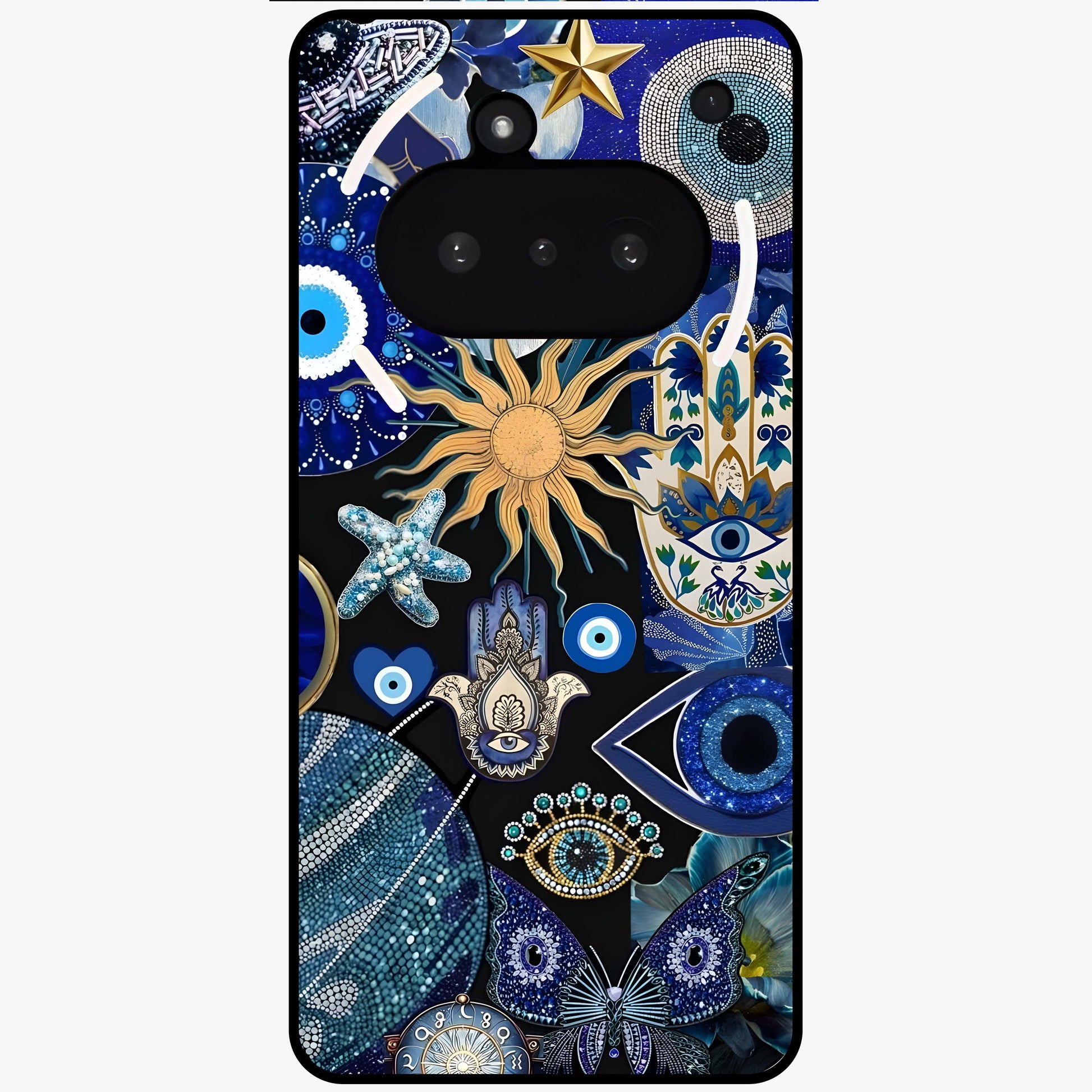 Evil Eye Charm Mix Glass Case showing flat back view with multiple evil eye charms artwork and glossy glass finish.