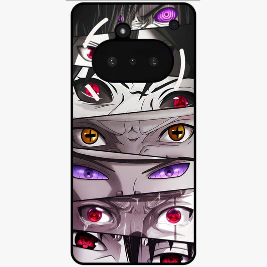 Eyes of Destiny Glass Case showing flat back view with striking eye themed artwork and glossy glass finish.