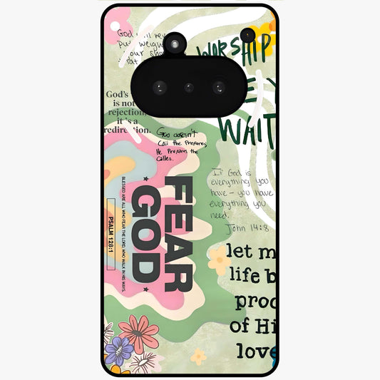 Faith Over Fear Glass Case showing flat back view with motivational typography artwork and glossy glass finish.