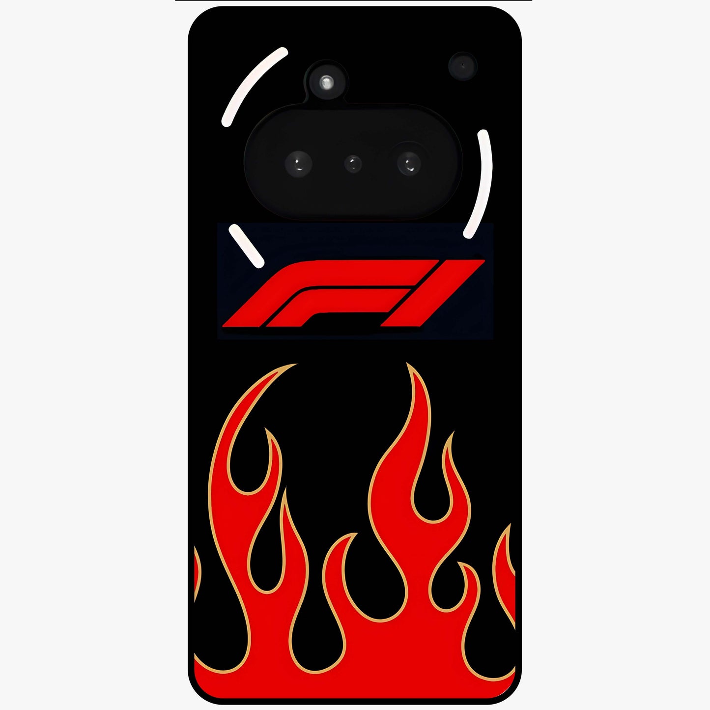 Fire F11 Glass Case showing flat back view with fiery themed artwork and glossy glass finish.