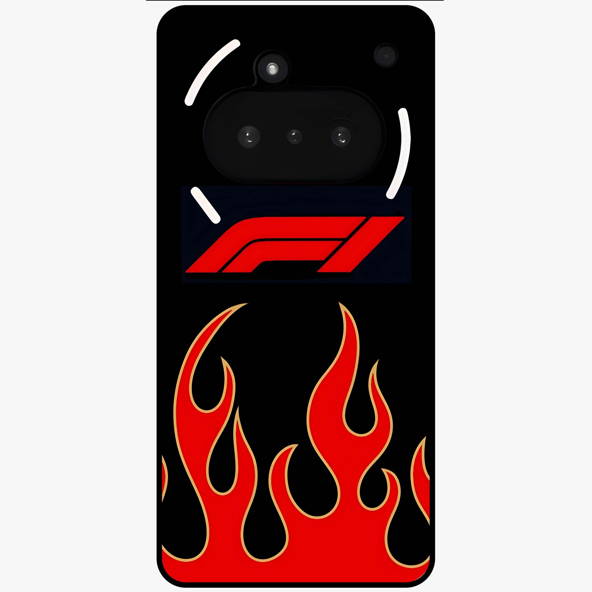 Fire F11 Glass Case showing flat back view with fiery themed artwork and glossy glass finish.