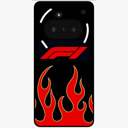 Fire F11 Glass Case showing flat back view with fiery themed artwork and glossy glass finish.