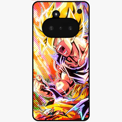 Firing Goku Glass Case showing flat back view with powerful anime inspired artwork and glossy glass finish.
