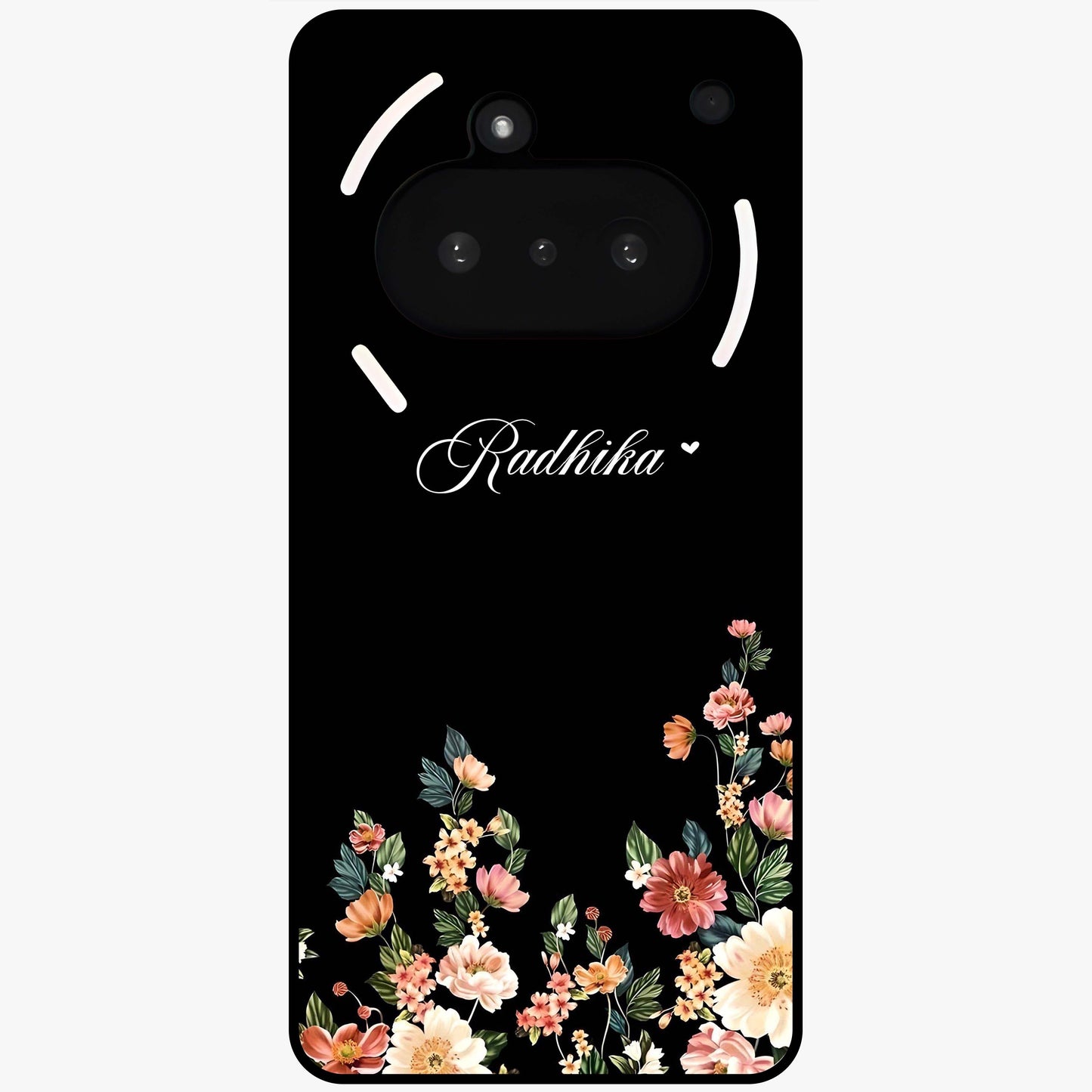Floral Design With a Custom Personalized Name Glass Case showing flat back view with floral artwork and personalized name design.