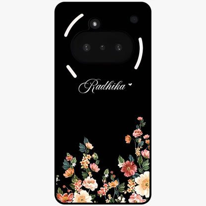 Floral Design With a Custom Personalized Name Glass Case showing flat back view with floral artwork and personalized name design.