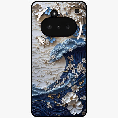Floral Wave Origami Glass Case showing flat back view with origami inspired floral wave artwork and glossy glass finish.
