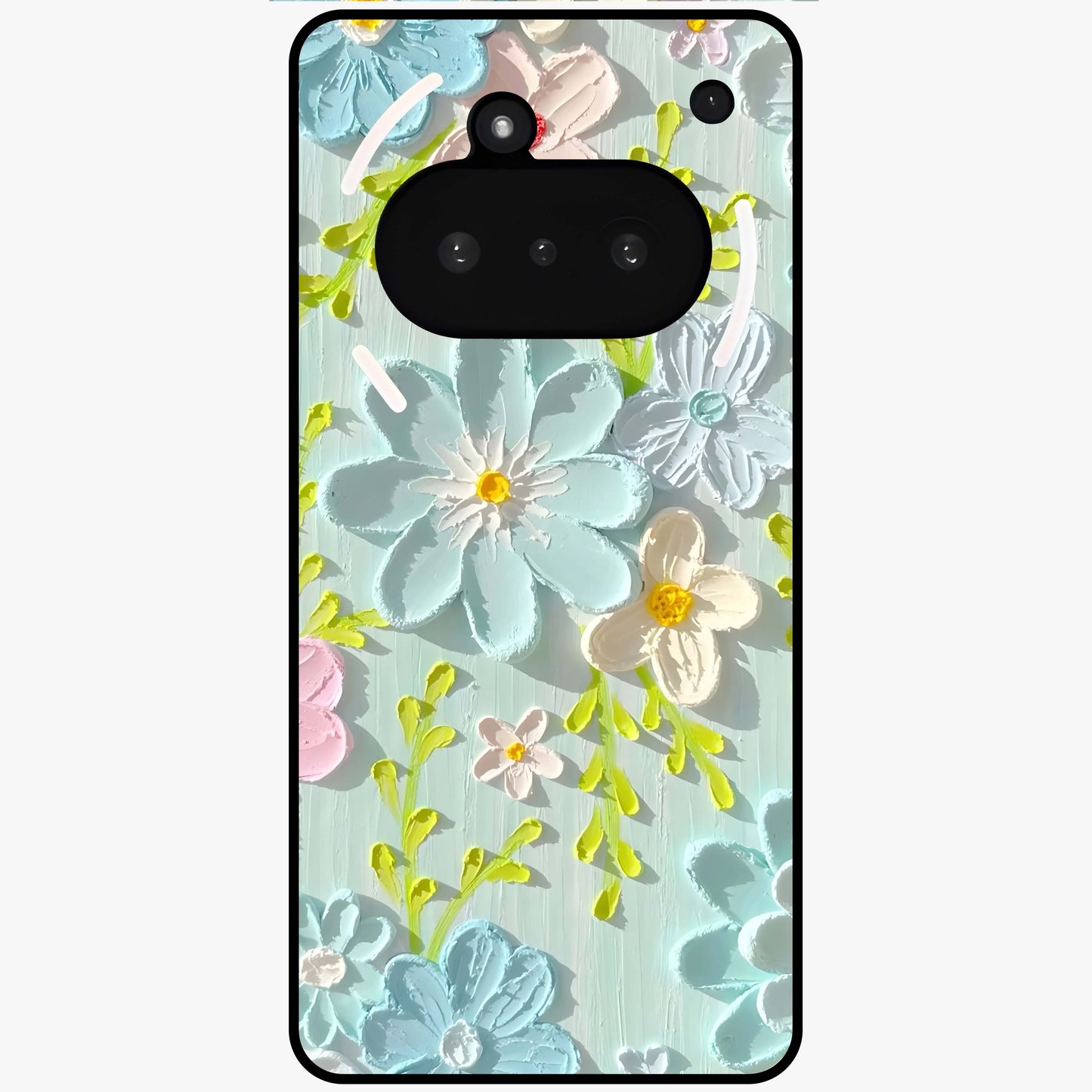 Frosted Petal Garden Glass Case showing flat back view with soft frosted floral artwork and glossy glass finish.