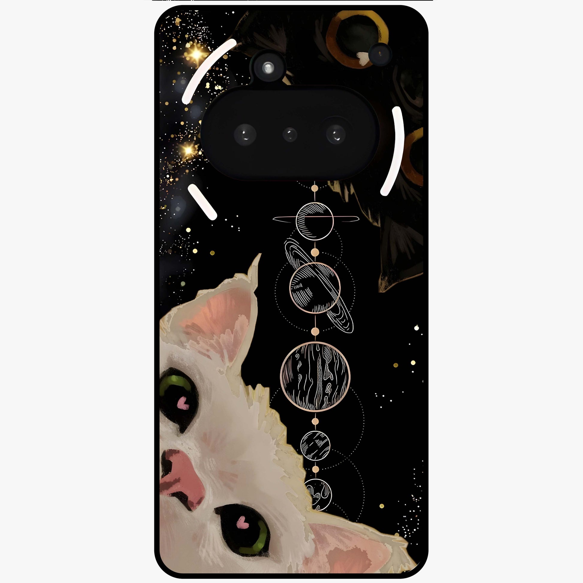 Galactic Cat Glass Case showing flat back view with cosmic cat artwork and glossy glass finish.