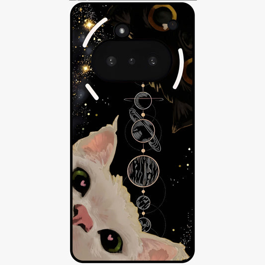 Galactic Cat Glass Case showing flat back view with cosmic cat artwork and glossy glass finish.