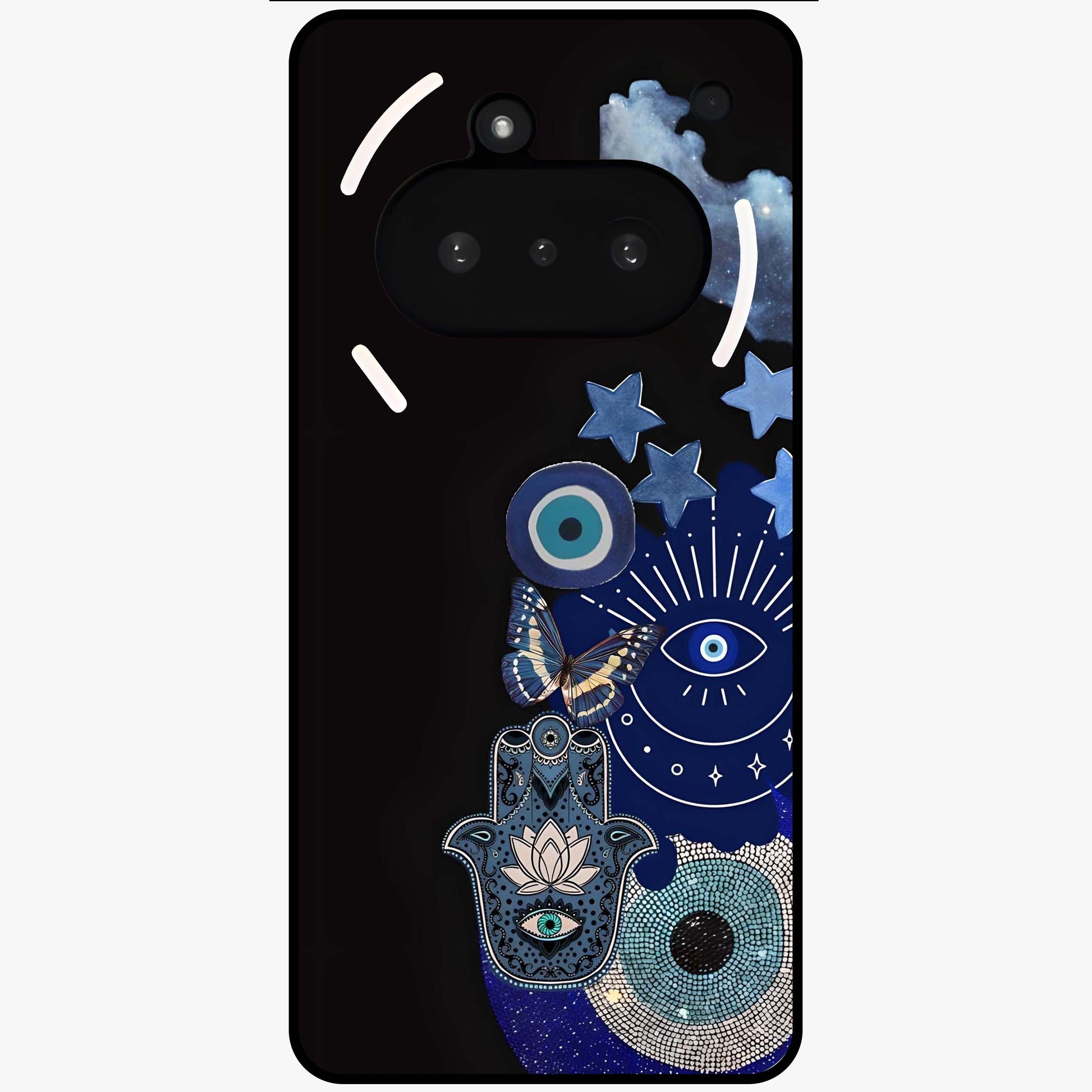 Galactic Charm Cluster Glass Case showing flat back view with glowing celestial charm artwork and glossy glass finish.