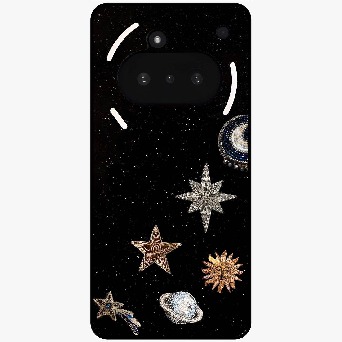 Galactic Charm Glow Glass Case showing flat back view with glowing celestial charm artwork and glossy glass finish.