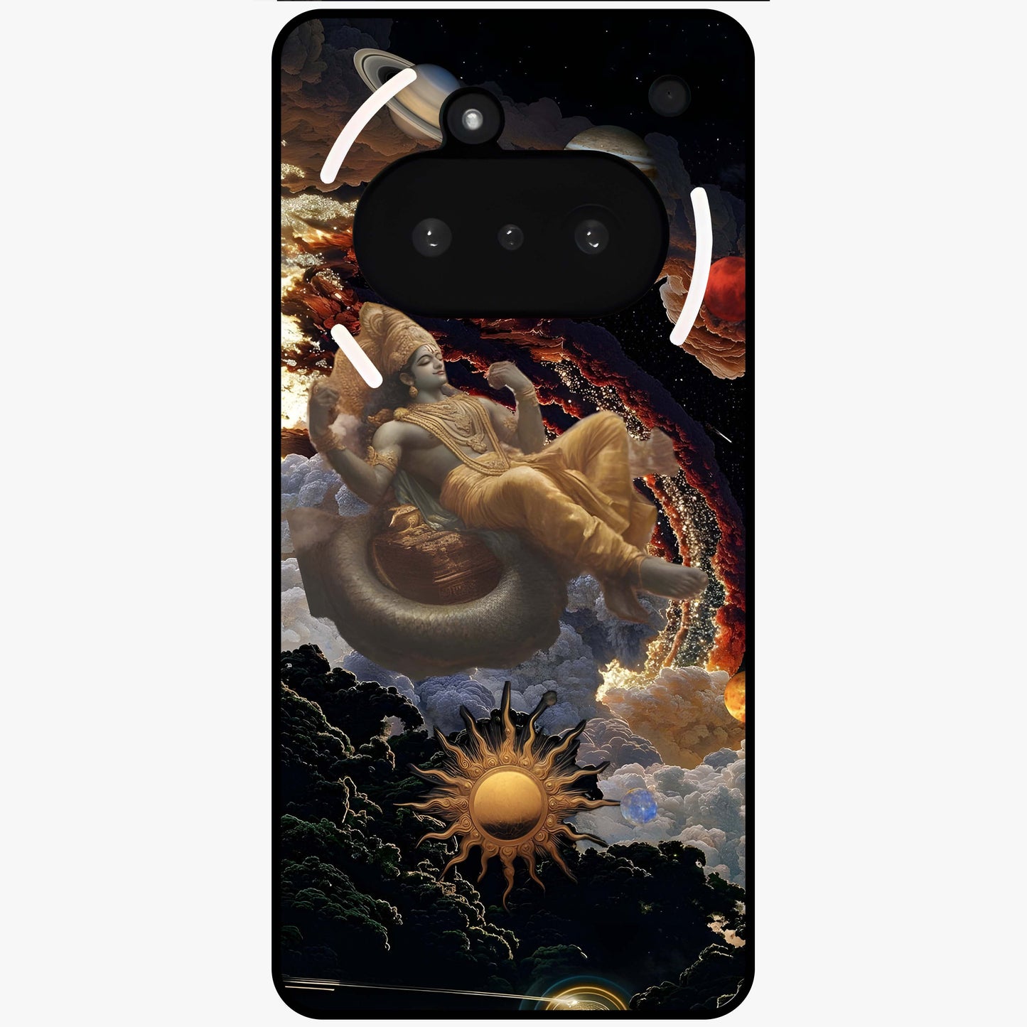 Galactic Divine God Glass Case showing flat back view with divine cosmic themed artwork and glossy glass finish.