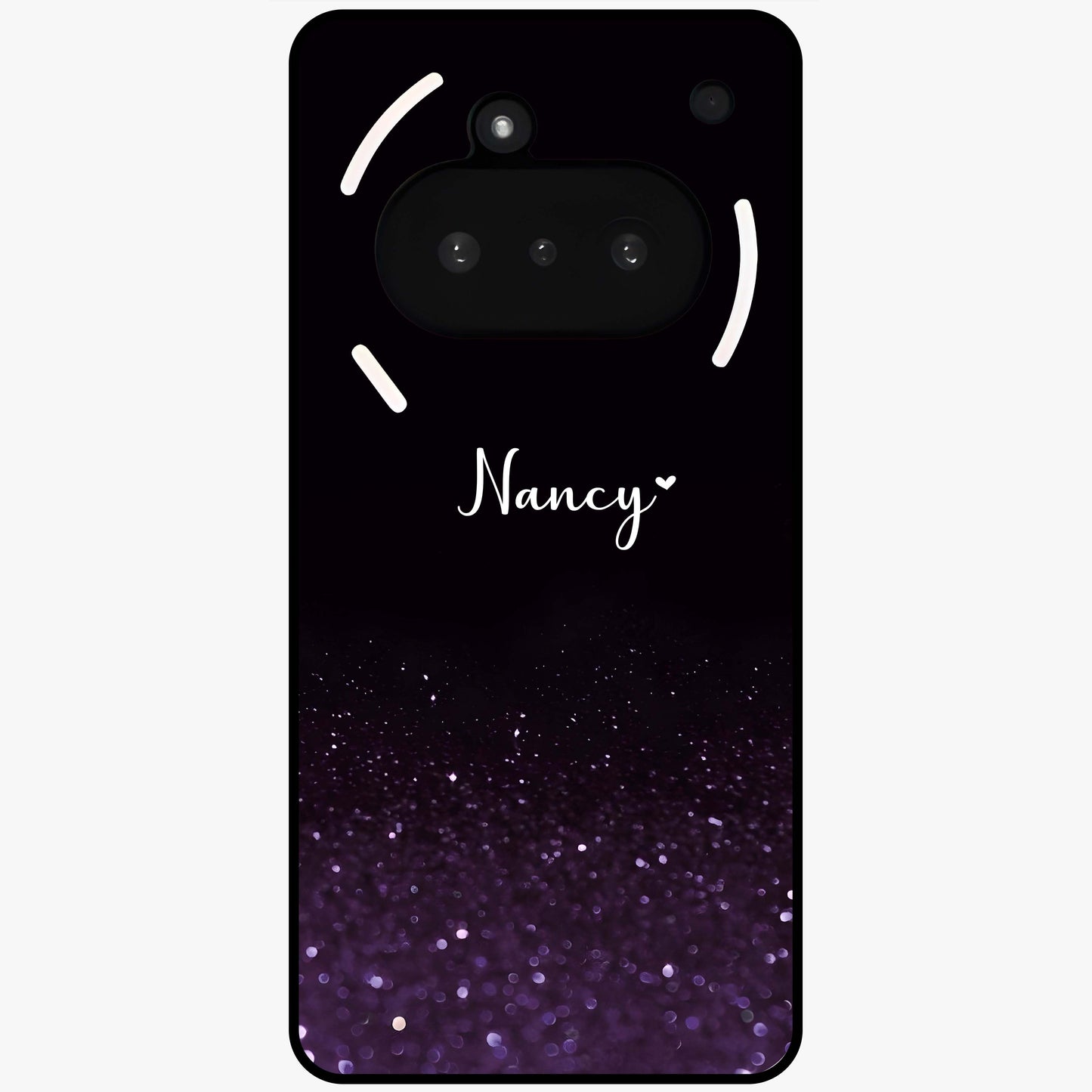 Glittery Purple Bokeh Custom Name Glass Case showing flat back view with purple bokeh sparkle artwork and personalized name design.