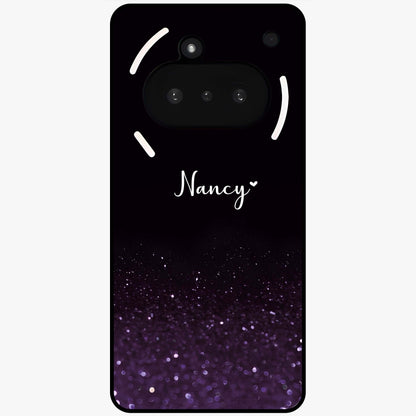 Glittery Purple Bokeh Custom Name Glass Case showing flat back view with purple bokeh sparkle artwork and personalized name design.