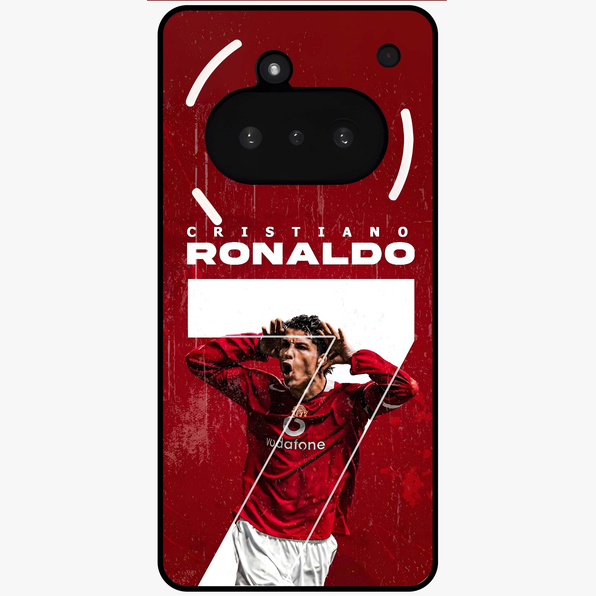 Goal Celebration Legacy Glass Case showing flat back view with football celebration inspired artwork and glossy glass finish.