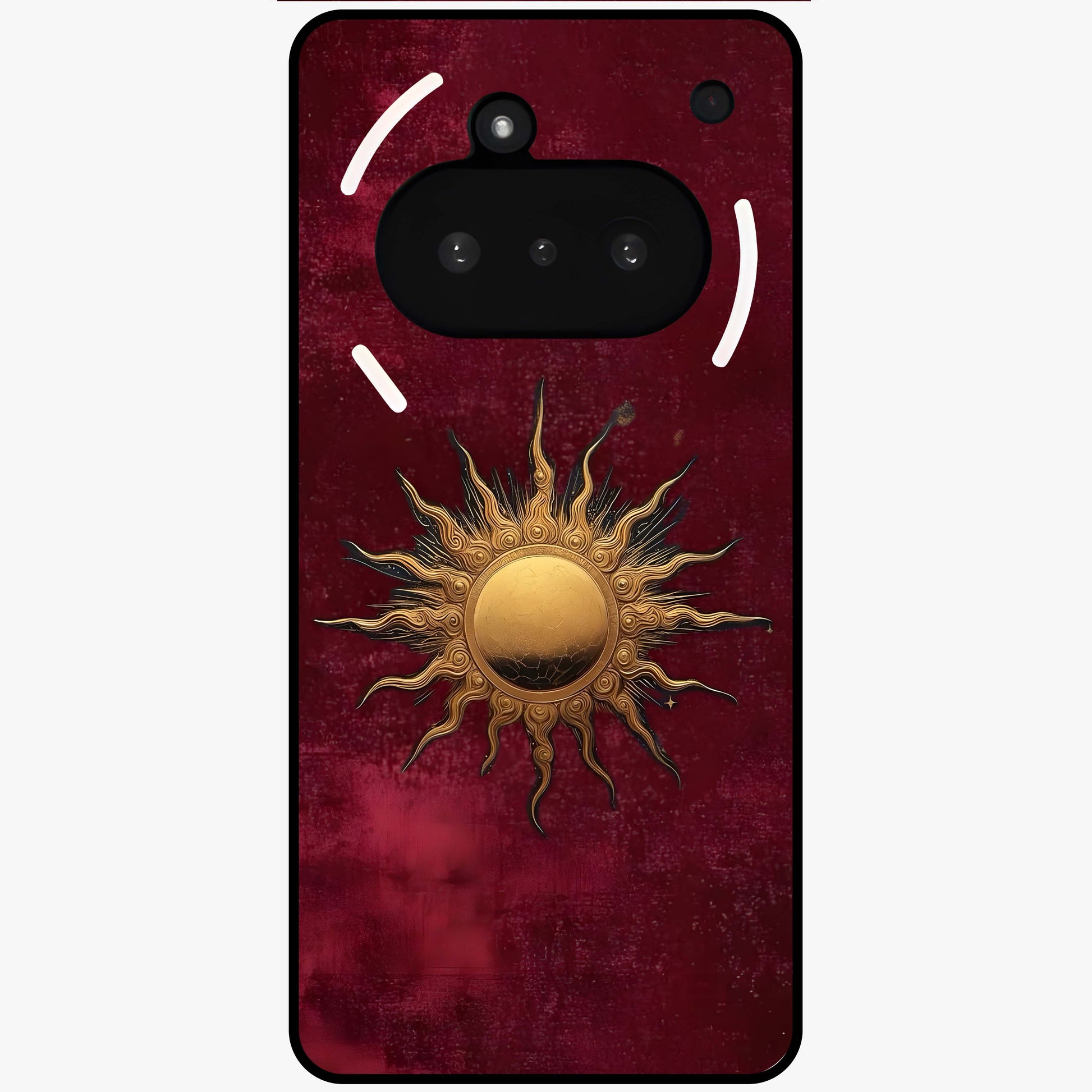 Gold Sun Blush Glass Case showing flat back view with golden sun inspired artwork and glossy glass finish.