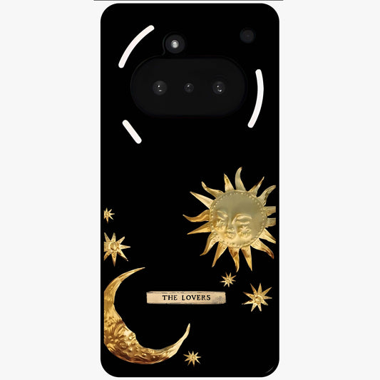Golden Celestial Charm Glass Case showing flat back view with golden celestial charm artwork and glossy glass finish.