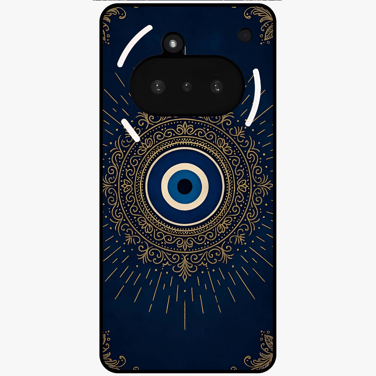 Golden Evil Eye Mandala Glass Case showing flat back view with intricate evil eye mandala artwork and glossy glass finish.