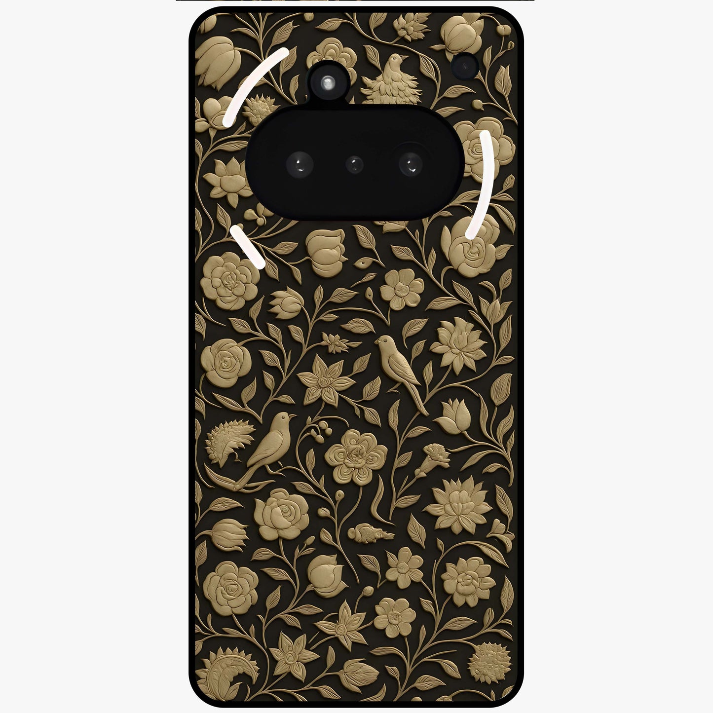 Golden Floral Majesty Glass Case showing flat back view with luxurious golden floral artwork and glossy glass finish.