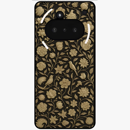 Golden Floral Majesty Glass Case showing flat back view with luxurious golden floral artwork and glossy glass finish.
