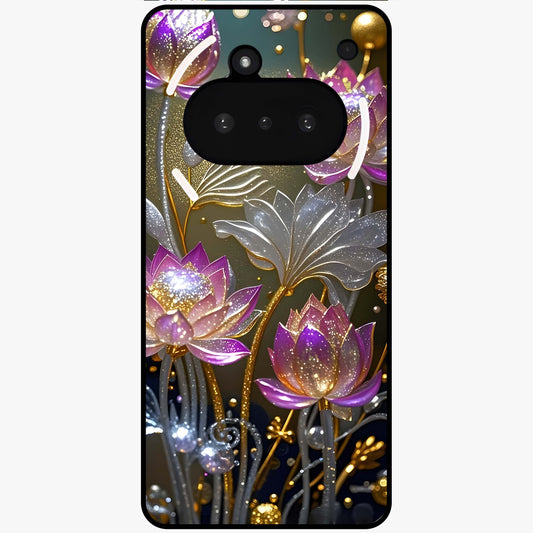 Golden Lotus Glow Glass Case showing flat back view with glowing lotus flower artwork and glossy glass finish.