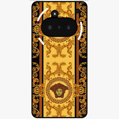 Golden Royal Heritage Glass Case showing flat back view with ornate royal pattern artwork and glossy glass finish.