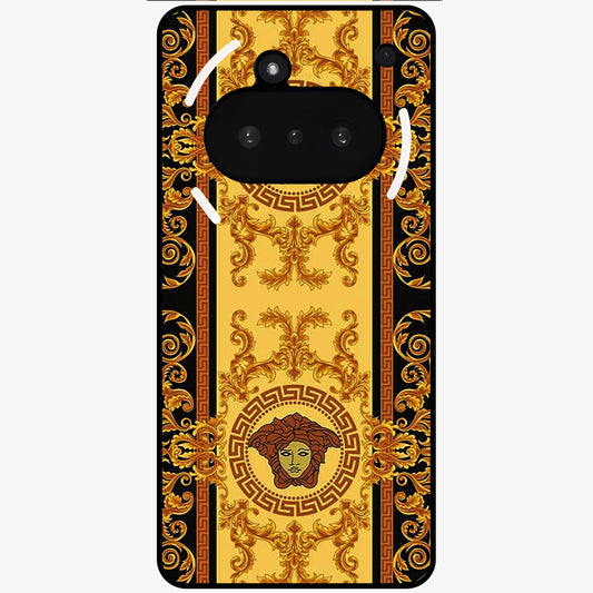Golden Royal Heritage Glass Case showing flat back view with ornate royal pattern artwork and glossy glass finish.