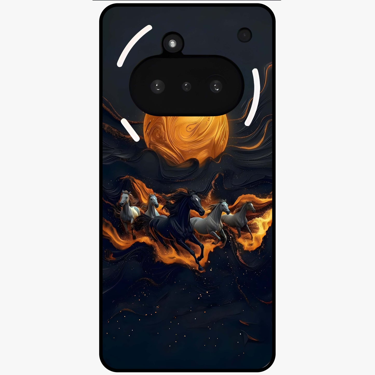 Golden Stallion Moonride Glass Case showing flat back view with majestic horse under moonlight artwork and glossy glass finish.